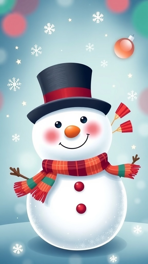 Cute snowman Christmas wallpaper with snowflakes and stars on a blue background.